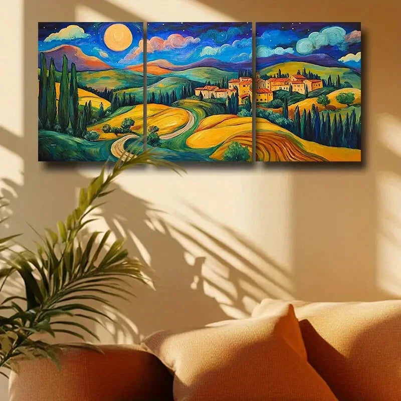 3pcs Traditional Tuscan Landscape Sunset Metal Print Ready to Hang Art