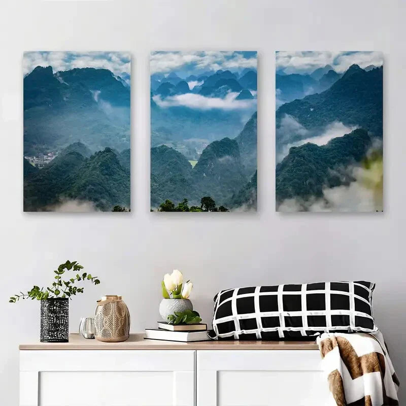 3pcs Foggy Peaks, Lush Green Valleys, and Cloud Metal Print Ready to Hang Art