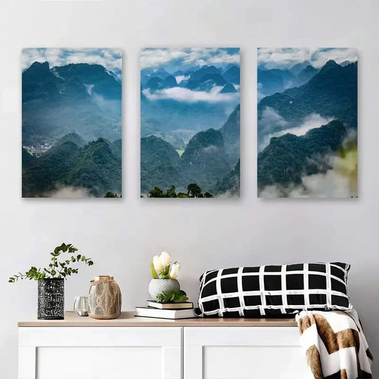 3pcs Foggy Peaks, Lush Green Valleys, and Cloud Metal Print Ready to Hang Art