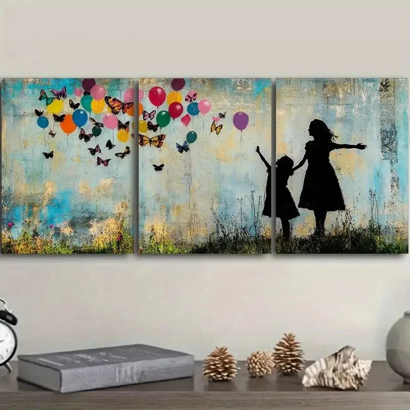 3pcs Little girl and butterfly balloon Metal Print Ready to Hang Art