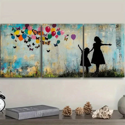 3pcs Little girl and butterfly balloon Metal Print Ready to Hang Art