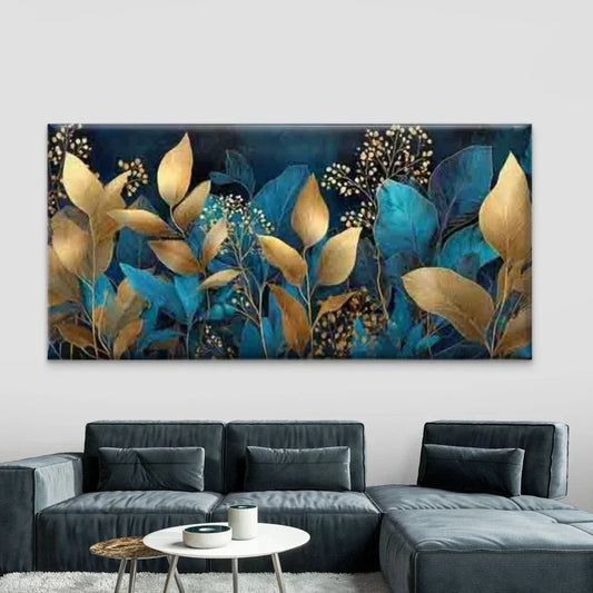 Dark Green & Golden Leaf Wall Art Canvas Office Home Room Framed 120x60cm