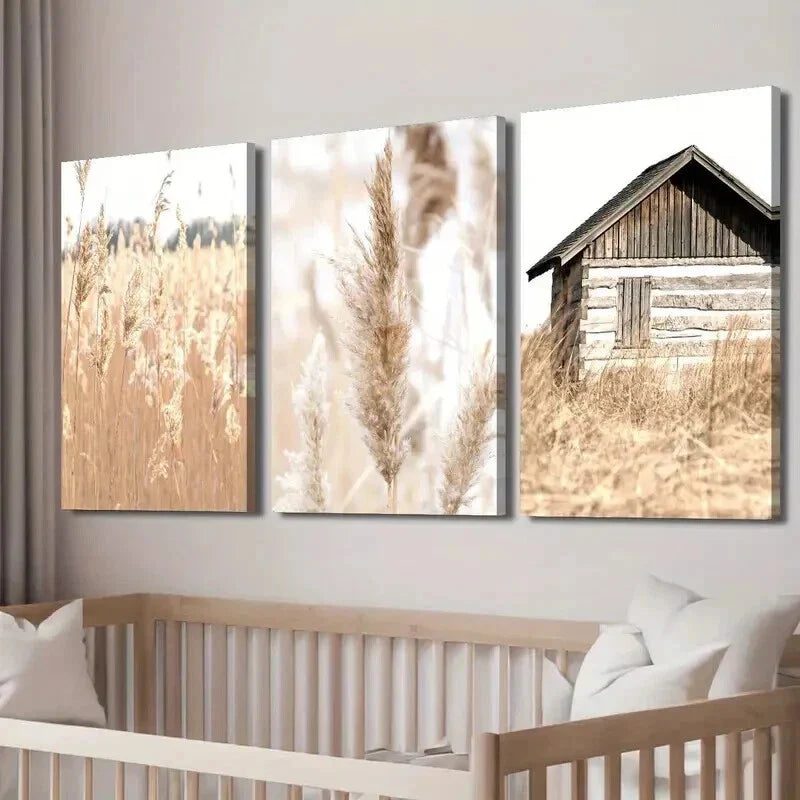 3pcs Rustic House & Reed Fields Landscape Wall Art Set Canvas Framed 40x60cm - High Quality Print 100% Australian Made Wall Canvas Ready to Hang