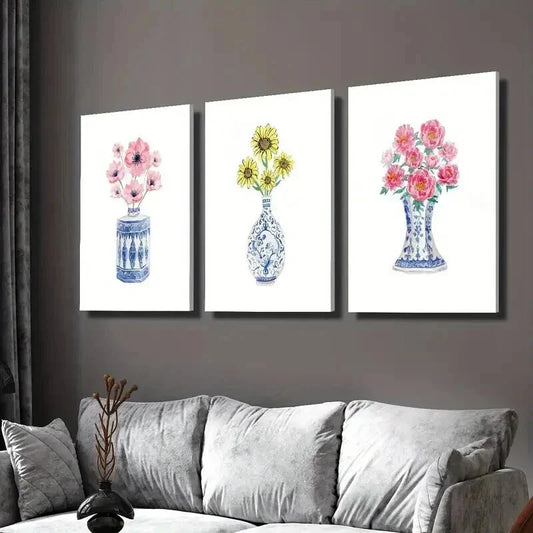 3pcs Chinese Style Blue and White Porcelain Vase Wall Art Set Canvas Framed 40x60cm - High Quality Print 100% Australian Made Wall Canvas Ready to Hang