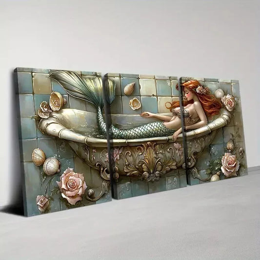 3pcs Retro Mermaid with Shells Floral & Bathtub Wall Art Set Canvas Framed 40x60cm - High Quality Print 100% Australian Made Wall Canvas Ready to Hang