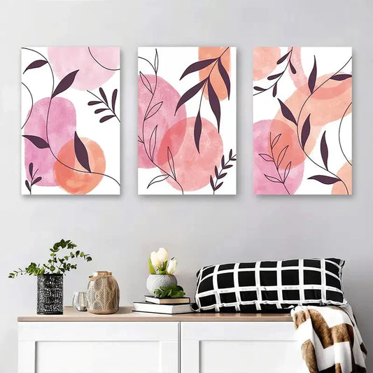 3pcs Pink and Orange Watercolor Leaves and Circle Metal Print Ready to Hang Art