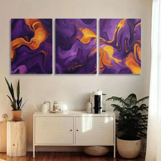 3pcs Abstract Purple & Orange Marble Metal Print Ready to Hang Art