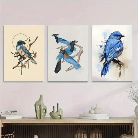 3pcs Blue Bird Watercolor Nature Bird Wall Art Set Canvas Framed 40x60cm - High Quality Print 100% Australian Made Wall Canvas Ready to Hang