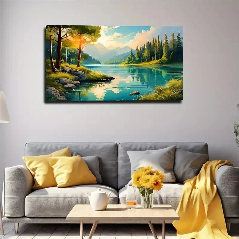Serene Forest Lake Landscape Wall Art Canvas Office Home Room Framed 120x60cm
