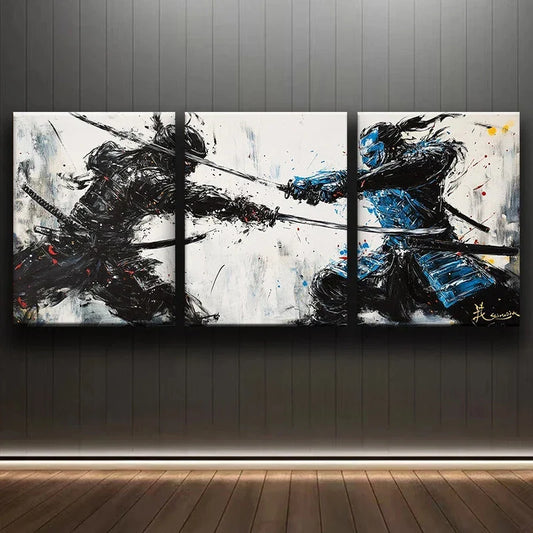 3pcs Samurai Duel Luxurious Oil Painting Metal Print Ready to Hang Art