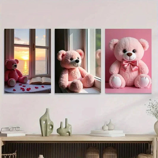 3pcs Charming Pink Teddy Bear Romantic Sunset Wall Art Set Canvas Framed 40x60cm - High Quality Print 100% Australian Made Wall Canvas Ready to Hang