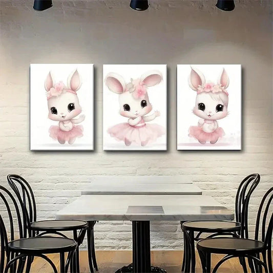 3pcs Adorable Pink Bunny Ballerina Metal Print Ready to Hang Art