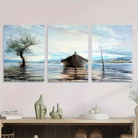 3pcs Serene Lake Scene Modern Classic Landscape Wall Art Set Canvas Framed 40x60cm - High Quality Print 100% Australian Made Wall Canvas Ready to Hang