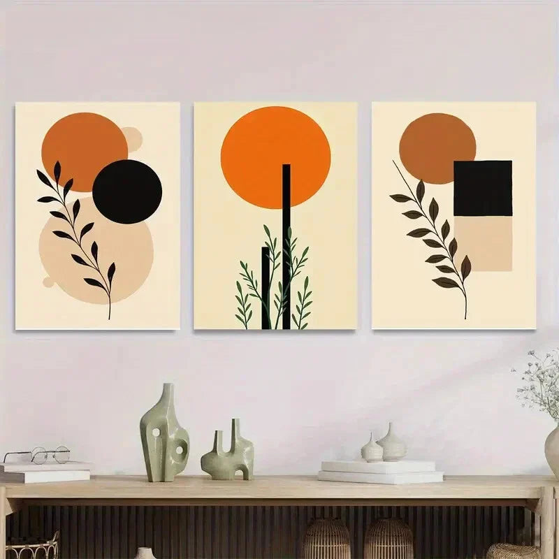 3pcs Modern Abstract Orange and Black Metal Print Ready to Hang Art