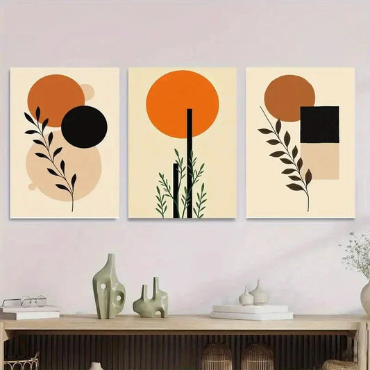 3pcs Modern Abstract Orange and Black Metal Print Ready to Hang Art