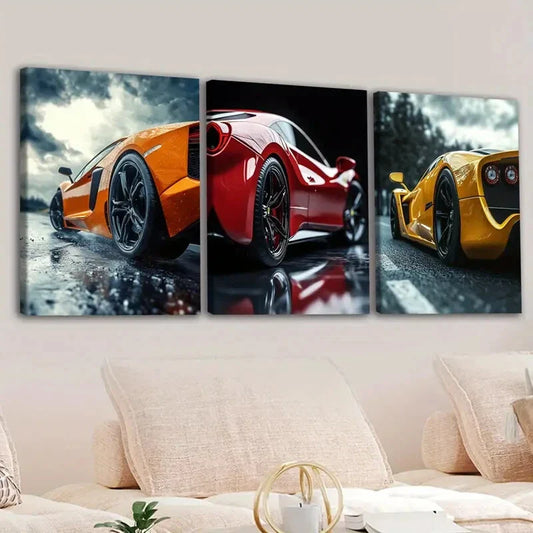 3pcs Fashion Sport Car Tree Racing Car Gold Red Wall Art Set Canvas Framed 40x60cm - High Quality Print 100% Australian Made Wall Canvas Ready to Hang