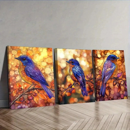 3pcs Stained glass bird, Wall Art Set Canvas Framed 40x60cm - High Quality Print 100% Australian Made Wall Canvas Ready to Hang