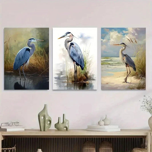 3pcs Nature with Stork in Wetlands & Beach scene Metal Print Ready to Hang Art