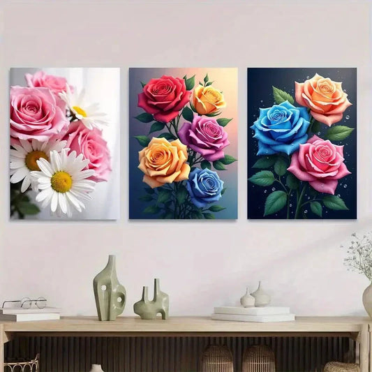 3pcs Colorful Rose and Daisy Modern Floral Metal Print Ready to Hang Art