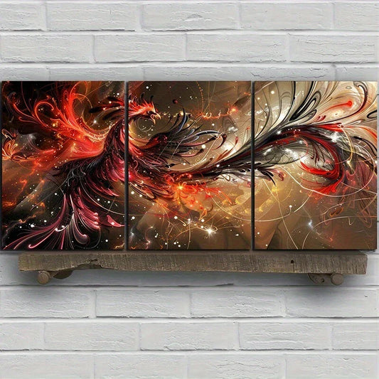 3pcs Phoenix Abstract Firebird Modern Decorative Metal Print Ready to Hang Art
