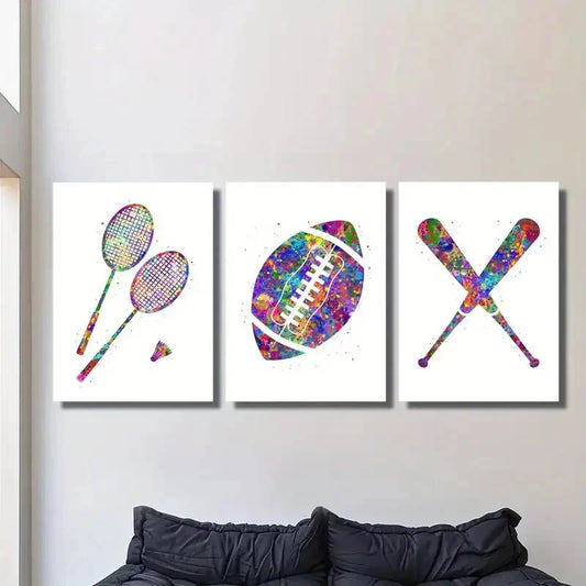 3pcs Rainbow badminton football baseball  Metal Print Ready to Hang Art
