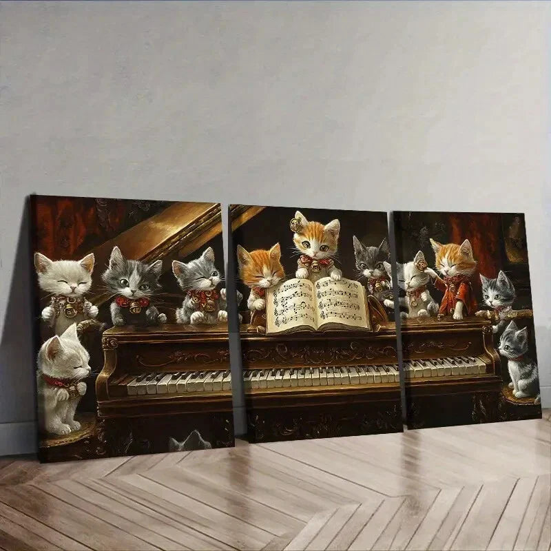 3pcs The cat on the piano  Wall Art Set Canvas Framed 40x60cm - High Quality Print 100% Australian Made Wall Canvas Ready to Hang