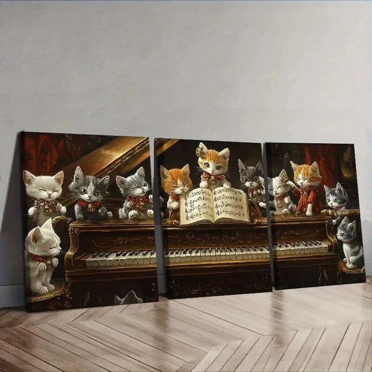 3pcs The cat on the piano  Wall Art Set Canvas Framed 40x60cm - High Quality Print 100% Australian Made Wall Canvas Ready to Hang