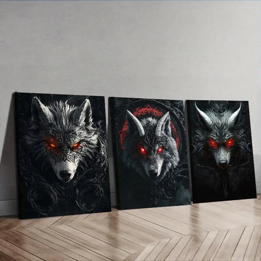 3pcs Fierce Red-Eyed Wolf Wall Art Set Canvas Framed 40x60cm - High Quality Print 100% Australian Made Wall Canvas Ready to Hang