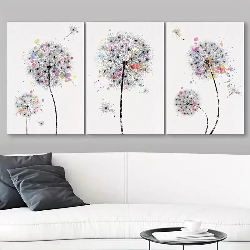 3pcs Dandelions & Watercolor Dots Floral Wilderness Drawings  Canvas Framed 40x60cm - High Quality Print 100% Australian Made Wall Canvas Ready to Hang