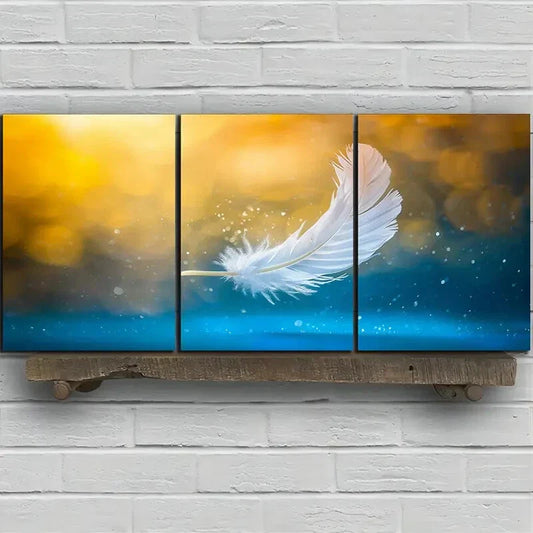 3pcs Modern Feather Golden Blue White Wing Metal Print Ready to Hang Art