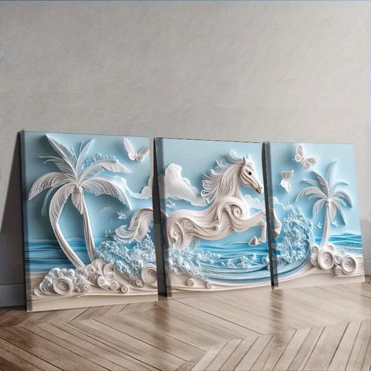 3pcs Featuring A Galloping Horse In The Beach   Wall Art Set Canvas Framed 40x60cm - High Quality Print 100% Australian Made Wall Canvas Ready to Hang