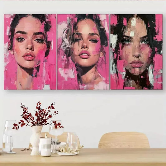 3pcs Pink Pop Art Female Portrait Triptych Wall Art Set Canvas Framed 40x60cm - High Quality Print 100% Australian Made Wall Canvas Ready to Hang
