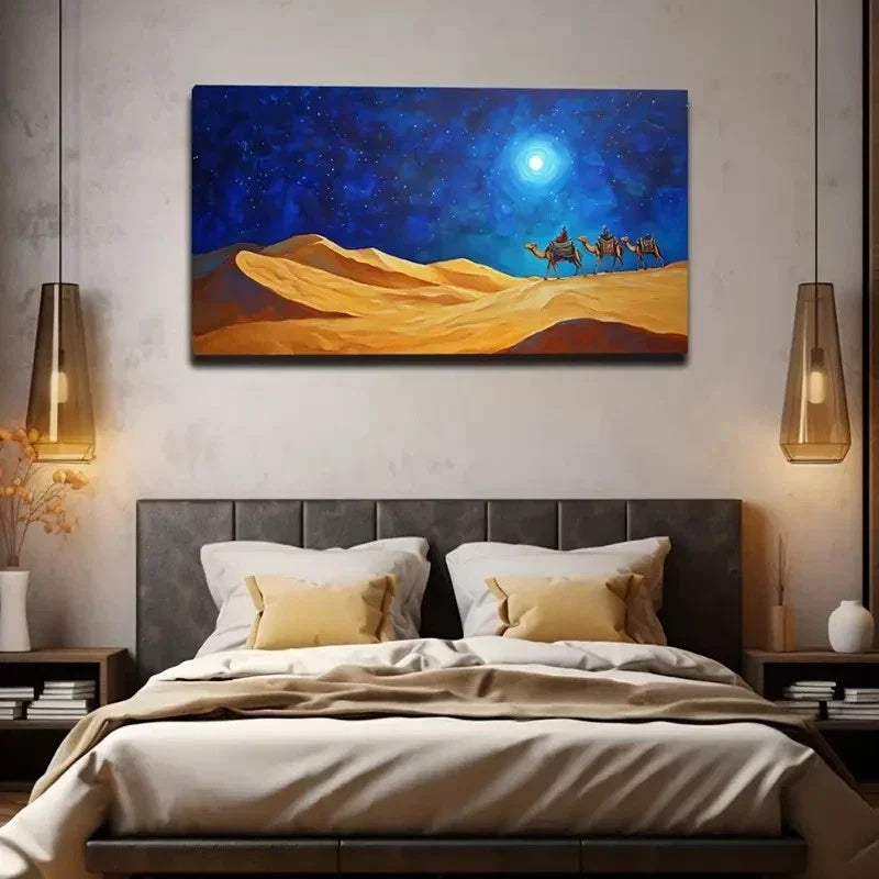Blue Night Sky Camel Wall Art Canvas Office Home Room Framed 80x45cm