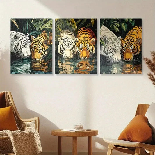 3pcs Lion Tiger & White Tiger Vibrant Metal Print Ready to Hang Art