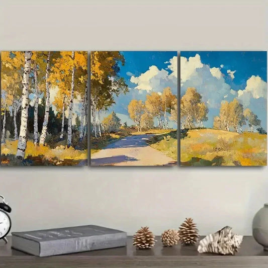 3pcs Birch Forest in Autumn, Trees Metal Print Ready to Hang Art