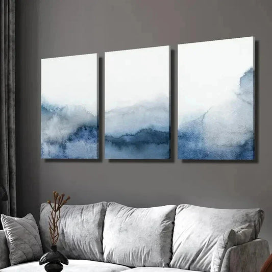 3pcs Modern Blue and Gray Neutral Earth Tone Wall Art Set Canvas Framed 40x60cm - High Quality Print 100% Australian Made Wall Canvas Ready to Hang
