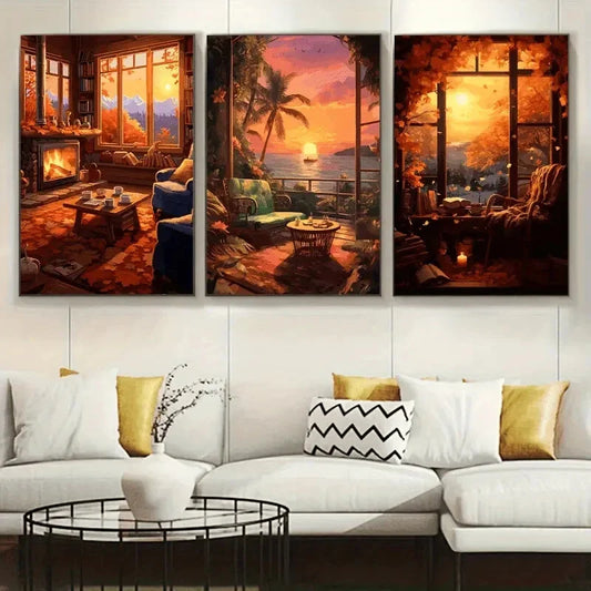 3pcs Sunset House Coconut Tree Metal Print Ready to Hang Art