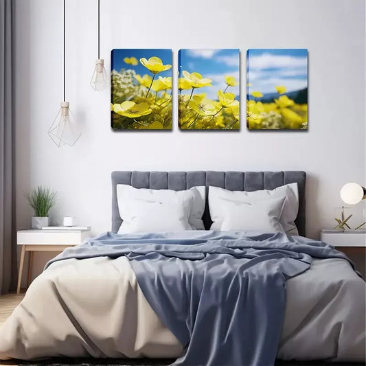3pcs  Blooming Small Yellow Flowers Wall Art Set Canvas Framed 40x60cm - High Quality Print 100% Australian Made Wall Canvas Ready to Hang