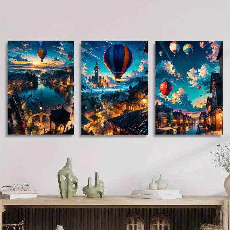 3pcs Hot Air Balloon in Town City Street Scene Metal Print Ready to Hang Art