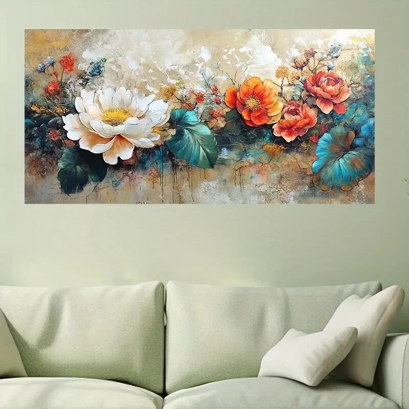 Vibrant Floral Orange White Wall Art Canvas Office Home Room Framed 80x45cm