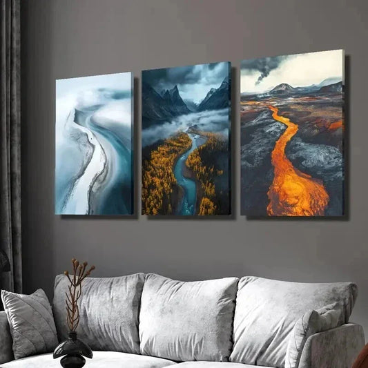 3pcs Glacier River Volcanic Lava Landscape Wall Art Set Canvas Framed 40x60cm - High Quality Print 100% Australian Made Wall Canvas Ready to Hang