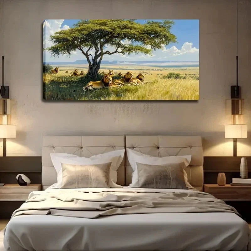 Majestic Lion Under Tree Modern Wall Art Canvas Office Home Room Framed 120x60cm