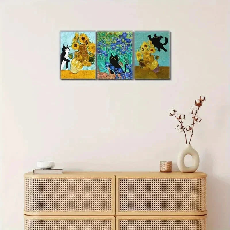 3pcs Kitten and Sunflower Famous Oil Painting Metal Print Ready to Hang Art