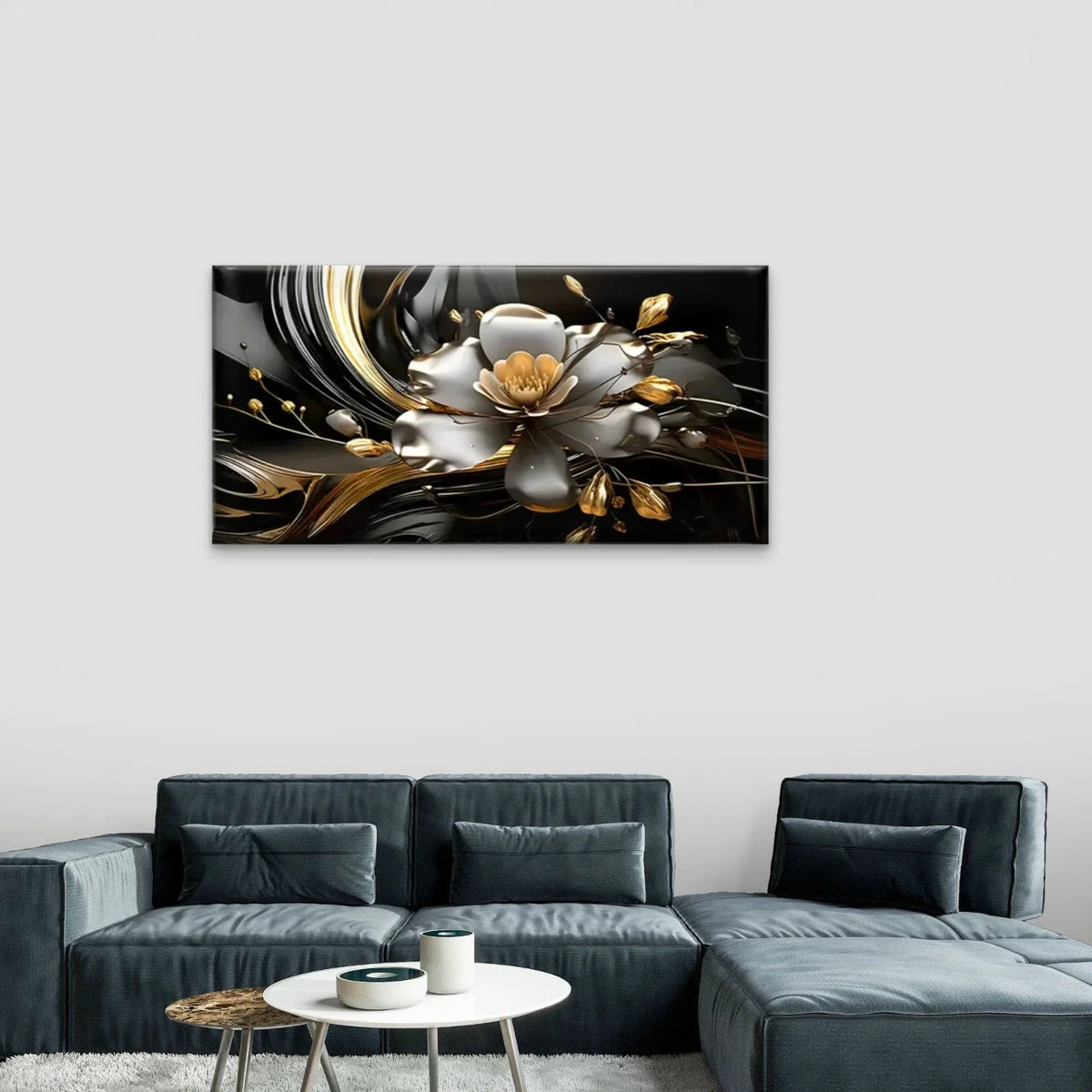 Golden White Flowers Abstract Wall Art Canvas Office Home Room Framed 80x45cm