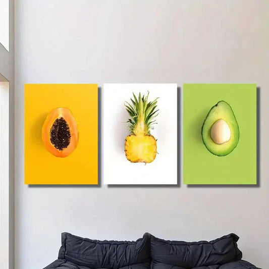 3pcs Fresh papaya, pineapple, avocado, simple Metal Print Ready to Hang Art