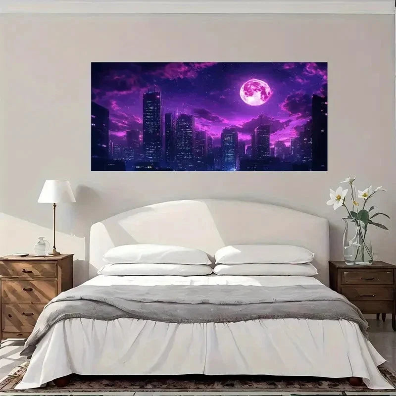 Purple Moon Night City Wall Art Canvas Office Home Room Framed 120x60cm