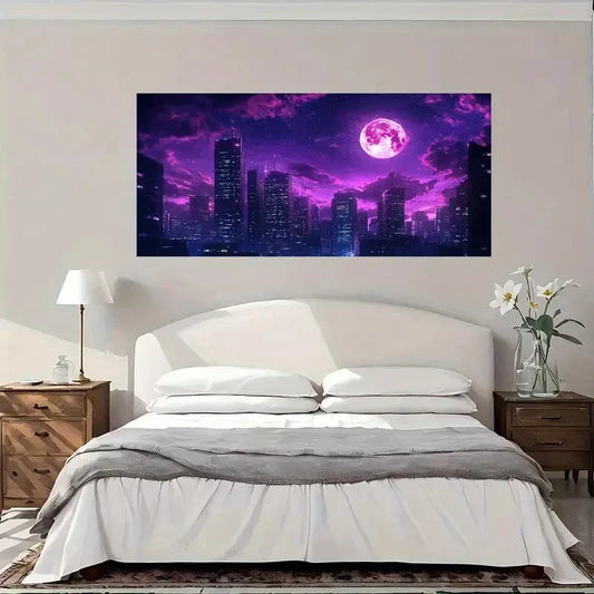 Purple Moon Night City Wall Art Canvas Office Home Room Framed 120x60cm