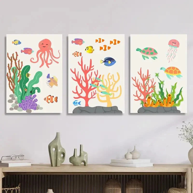 3pcs underwater scene painting colorful sea Metal Print Ready to Hang Art