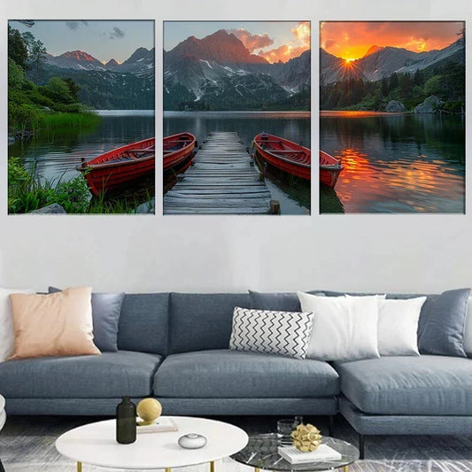 3pcs Scenic Mountain Lake Sunset Triptych Metal Print Ready to Hang Art