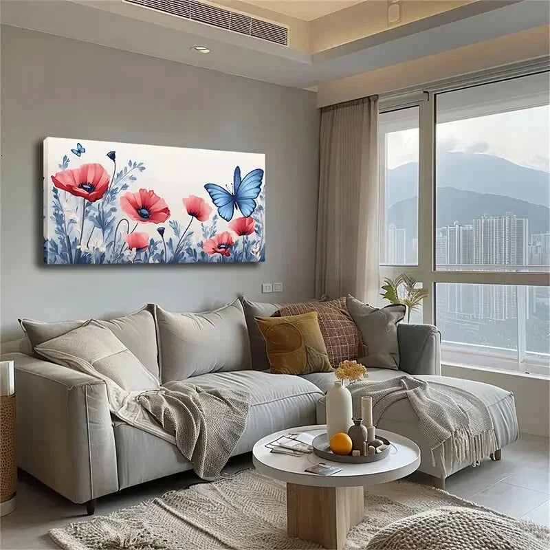 Red Poppies Blue Butterflies Wall Art Canvas Office Home Room Framed 120x60cm